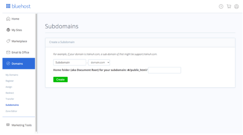 Create a subdomain in Bluehost.