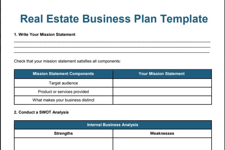 printable real estate business plan template