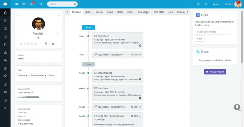 Agile CRM timeline dashboard