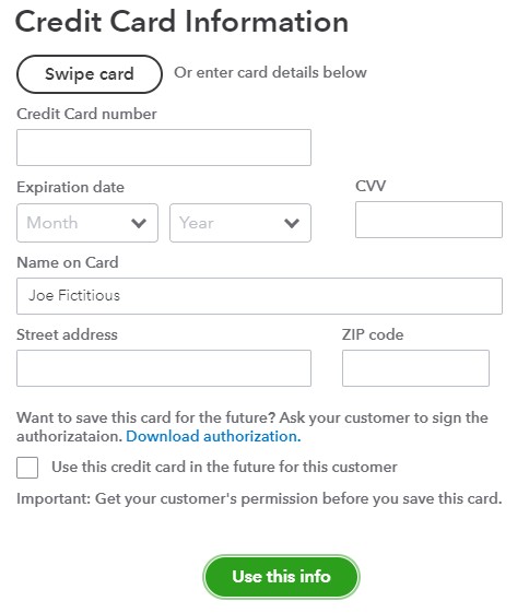 Enter Credit Card Information to Receive Payment on an Invoice