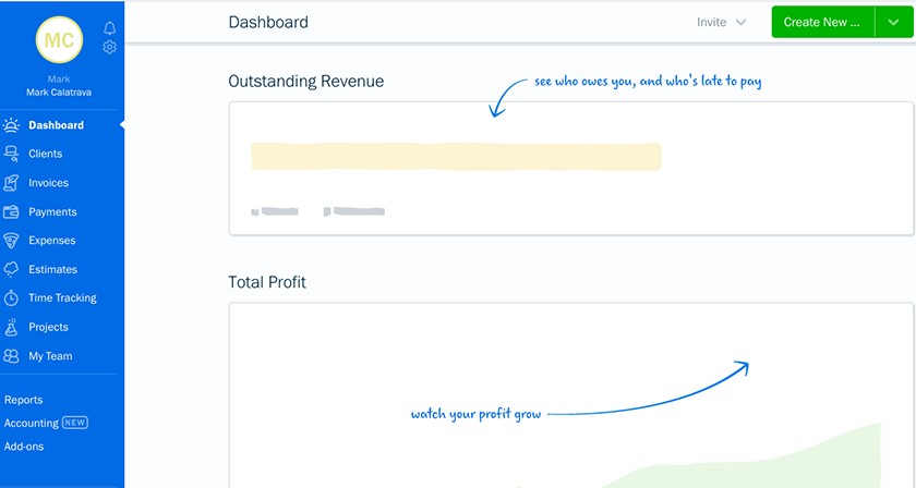 Schermo del cruscotto di FreshBooks