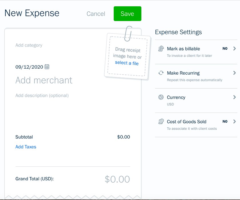 Tela do painel de novas despesas do FreshBooks New Expense