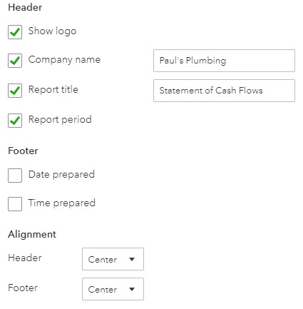 QuickBooks Online Header and Footer Options