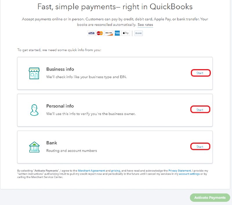 QuickBooks Payments Account Application