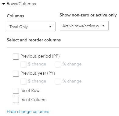 Row/Columns Balance Sheet Options in QuickBooks Online