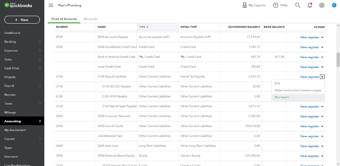 quickbooks chart of accounts due to due from