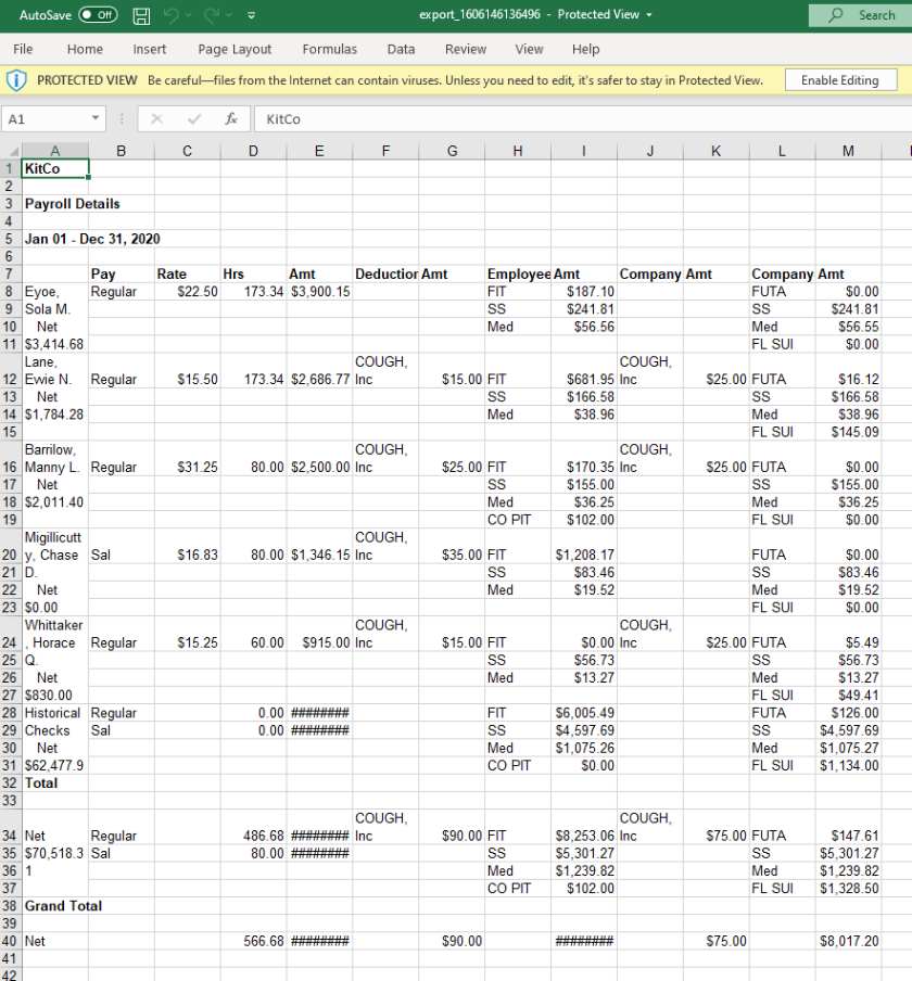 Showing Payroll details excel report.