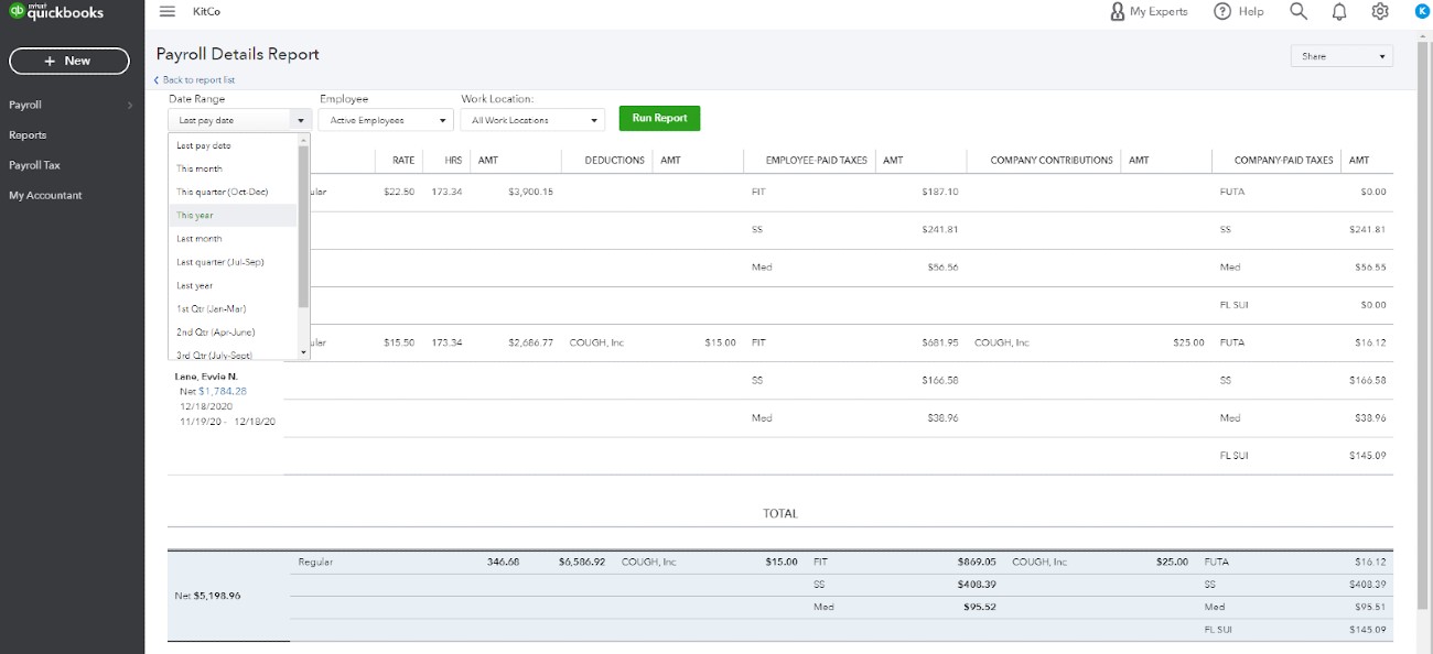 Showing payroll details report on QuickBooks.