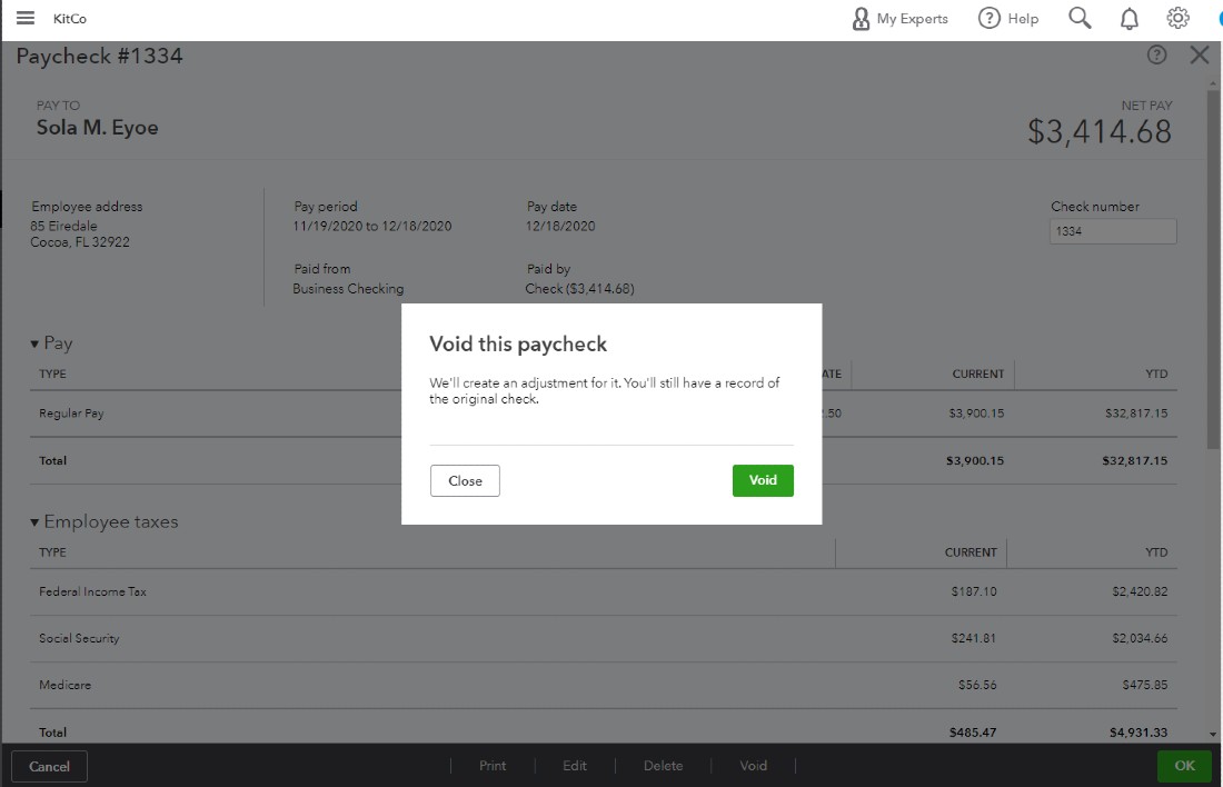 Showing QuickBooks confirming on void paycheck.
