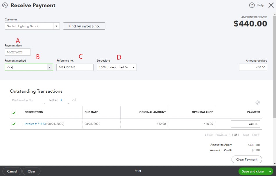 Screenshot of QuickBooks Online Receive Payment