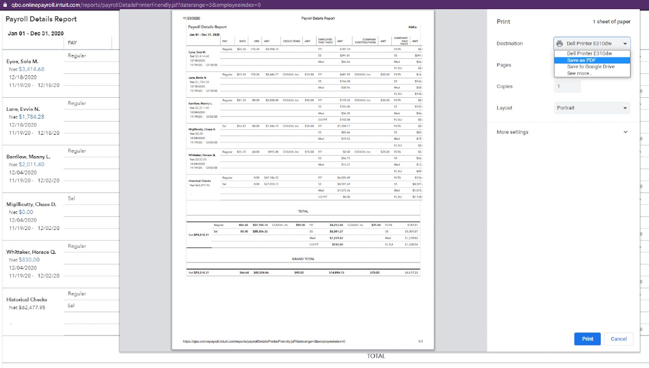 Showing QuickBooks' print payroll details report.