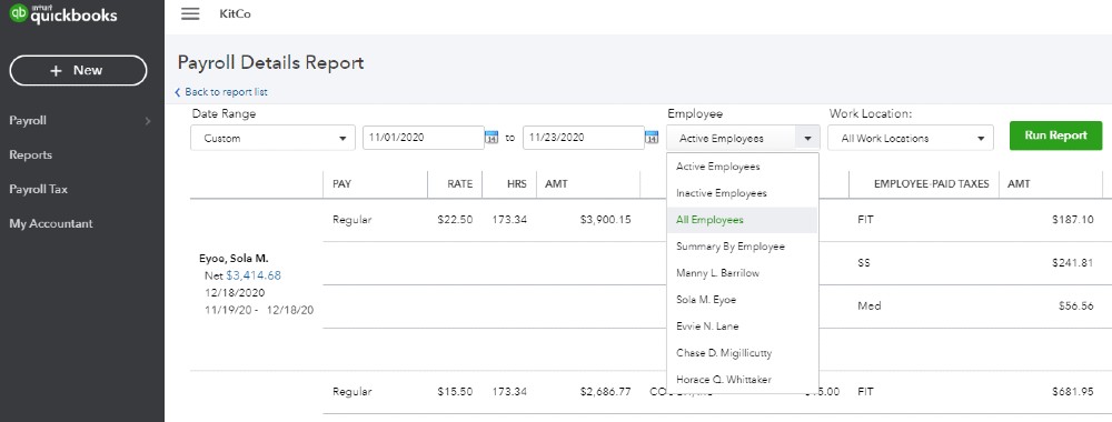 Selecting employees on QuickBooks payroll details report.