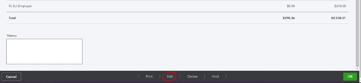 Showing an employee total paycheck on QuickBooks.