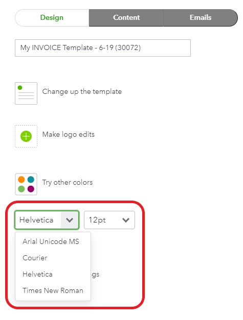 QuickBooks Online Choose a Font and Size for Invoice screenshot