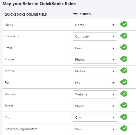 Screenshot of QuickBooks Online Fields to Worksheet Columns