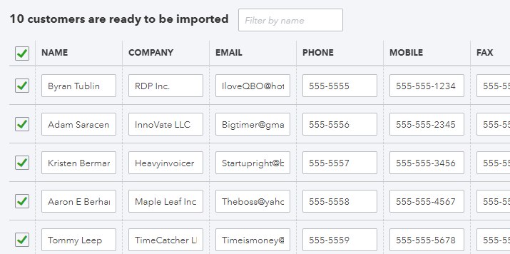List of customers that ready to be imported in into QuickBooks Online.
