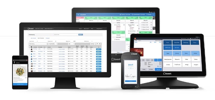 Toast's hardware includes POS terminals, handheld order and payment tablets, and kitchen display system (KDS) screens.