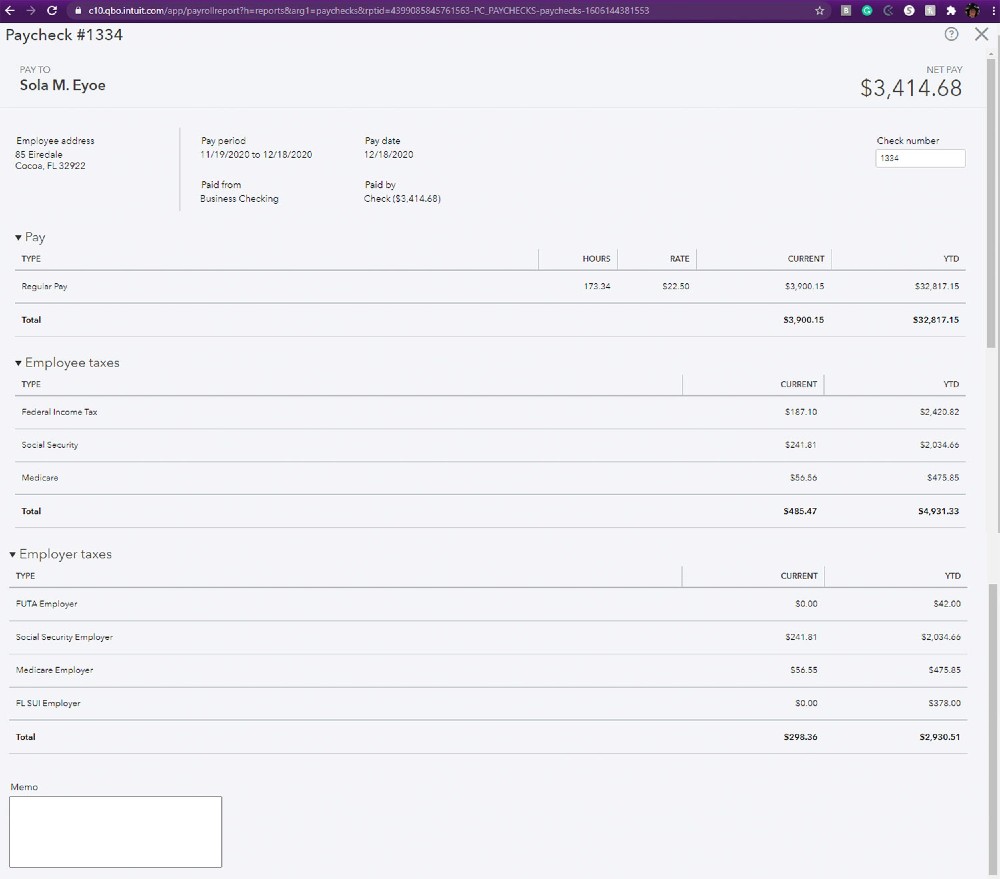 Showing an employee paycheck details on QuickBooks.