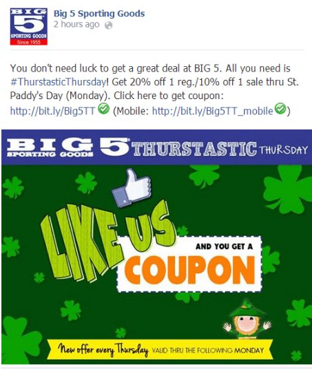 Facebook page like in exchange for a coupon.