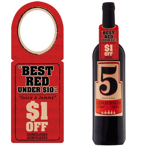 Hang tag coupon attached to the neck of a wine bottle.