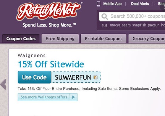 RetailMeNot coupon codes from online merchants.