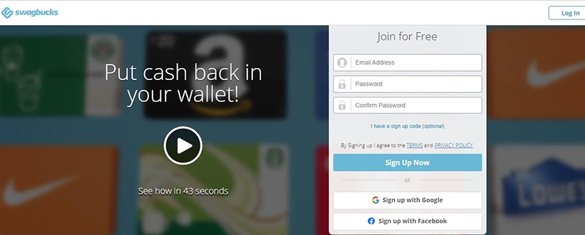 SWAGBUCKS sign up form and how to video of keeping your cash back.