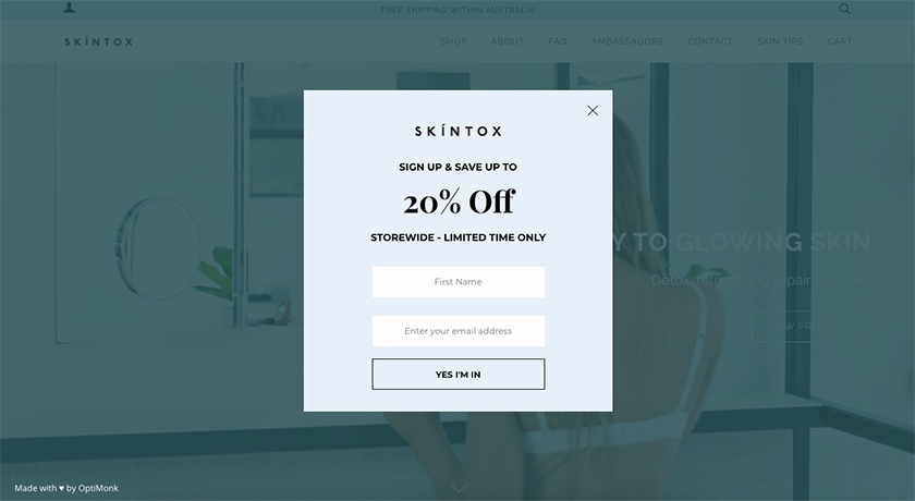 Skintox digital coupon example of a website popup.