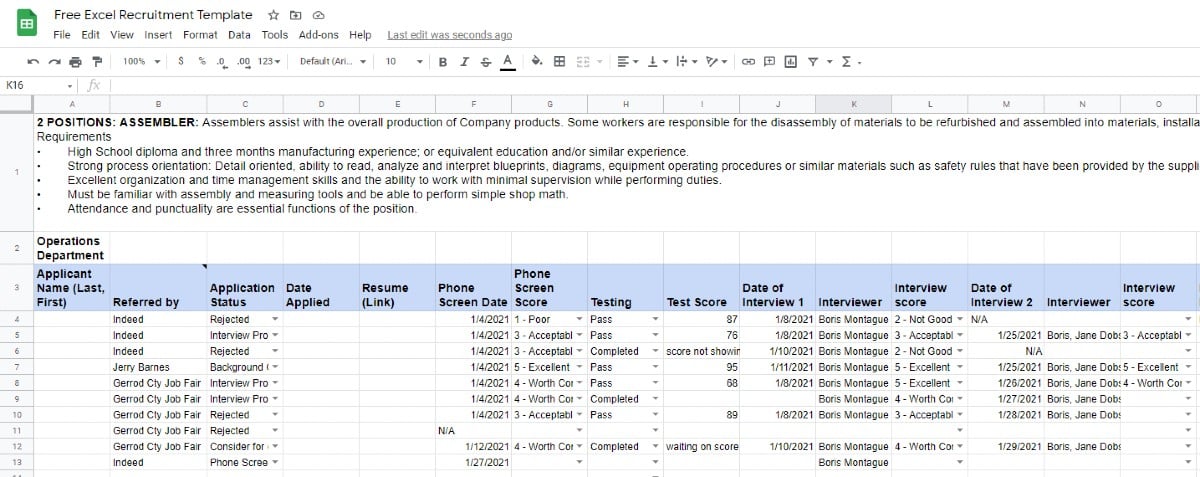 free applicant tracking spreadsheet use excel for recruitment progress tracker template