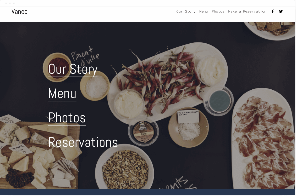 Vance visually appealing Squarespace theme for restaurant and coffee shop websites.