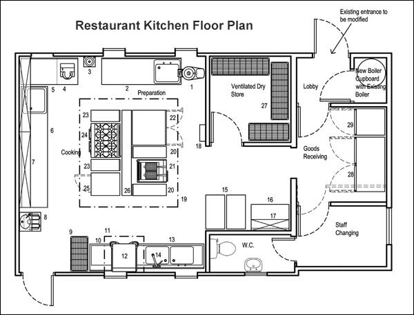 Restaurant Kitchen Floor Plan with Storage and Delivery Areas