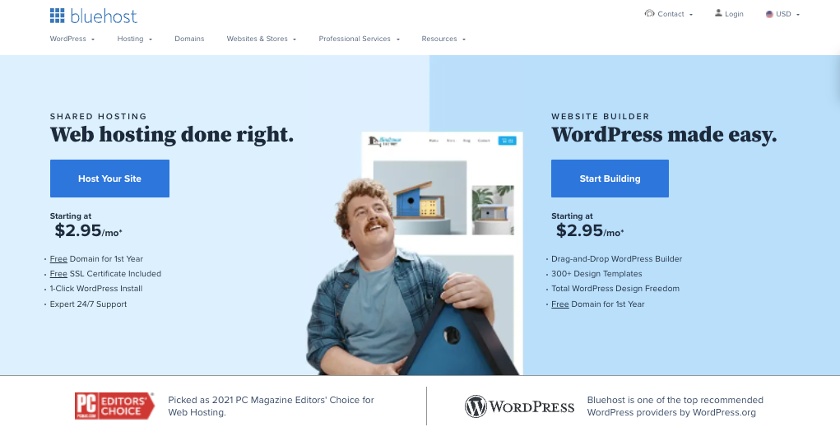 Bluehost pricing plans from the WordPress menu tab