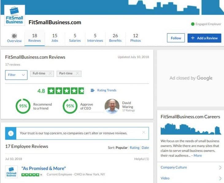 Fit Small Business company page on Glassdoor.