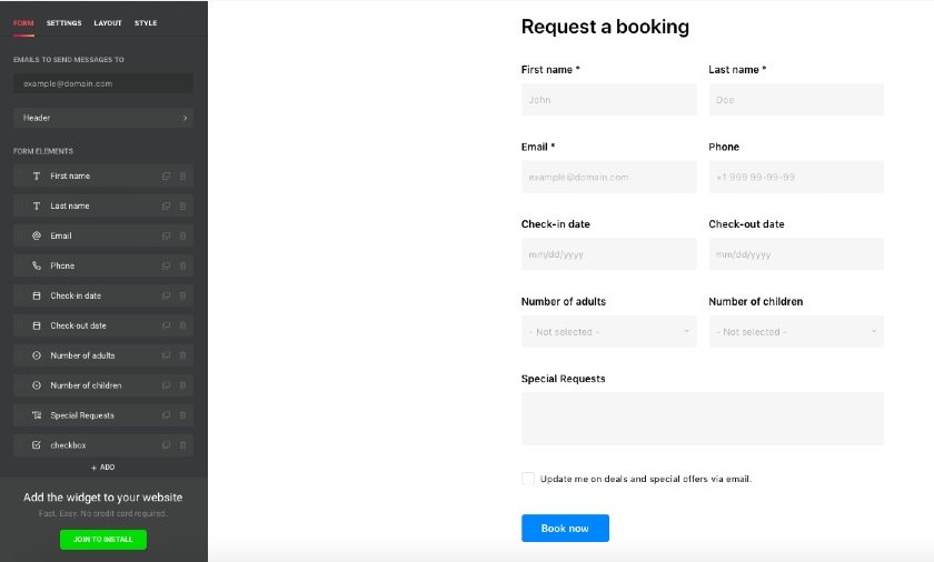 Form builder Request Booking