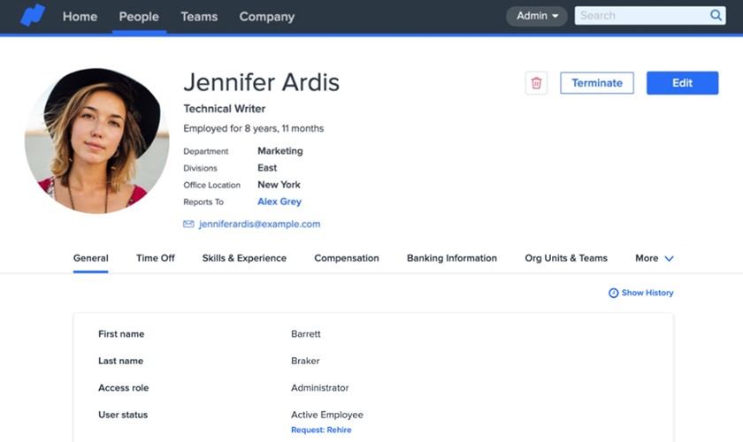 Namely employee profile sample of Jennifer Ardis.