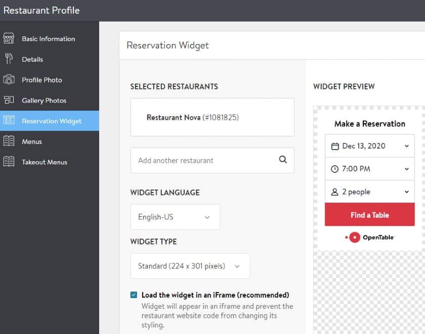 OpenTable Reservation Widget