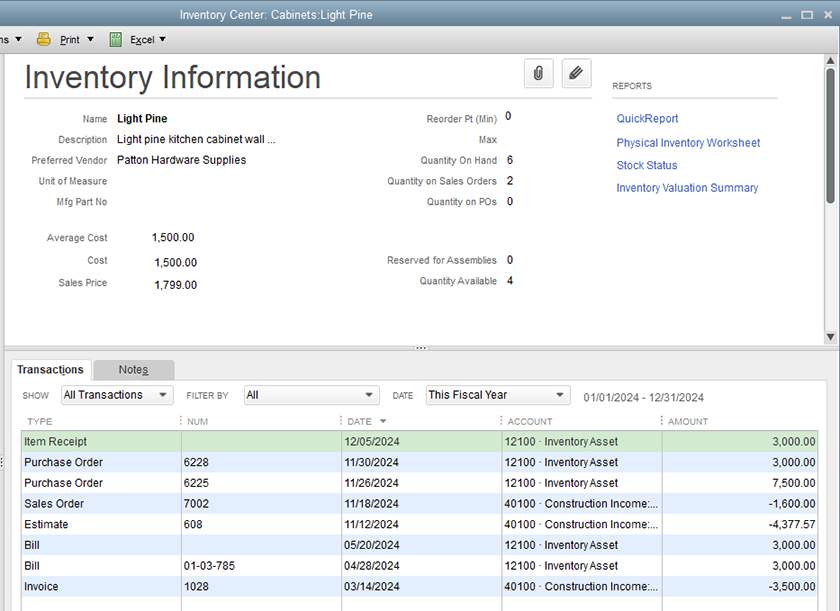 quickbooks inventory turn report by item