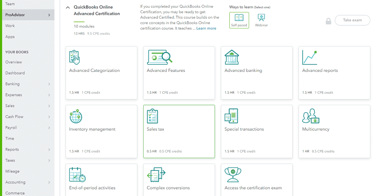 The QuickBooks Online Advanced Certification screen.