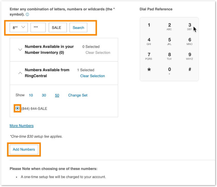RingCentral adding personalized phone number or vanity number.