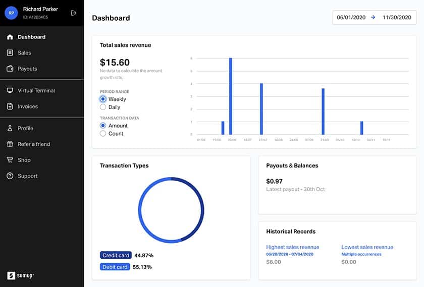 A sample dashboard of SumUp with total sales revenue and transaction types.