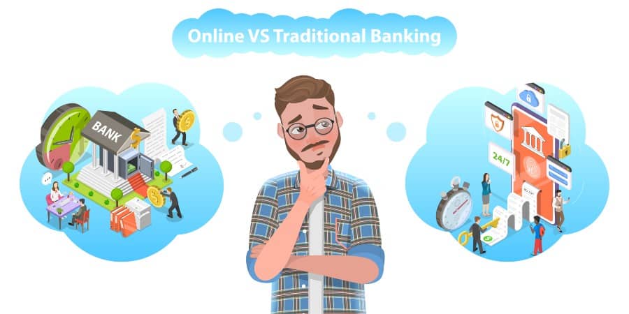 Man choosing between Online Banking vs Traditional Banking