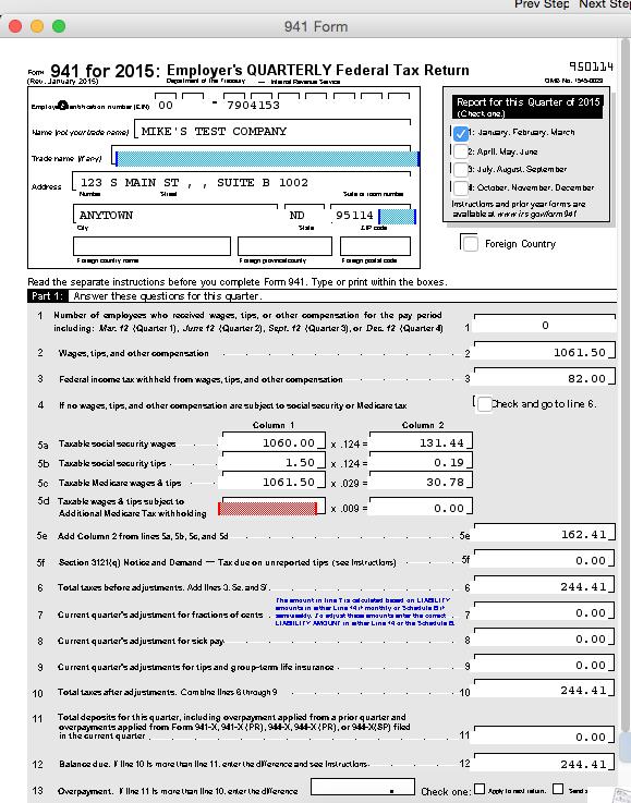 Screenshot of Aatrix 941 IRS Form