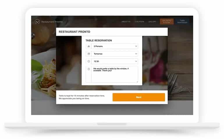 Screenshot of GloriaFood online reservation system