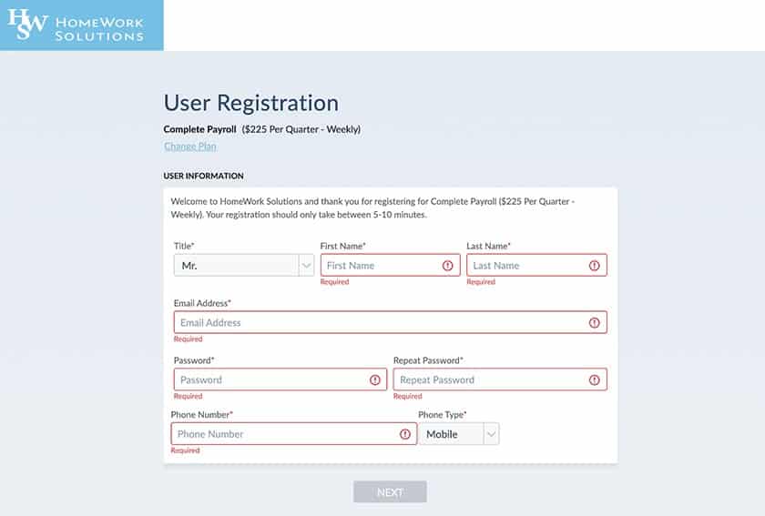 A users registration page from HomeWork Solutions where the users can input their information.