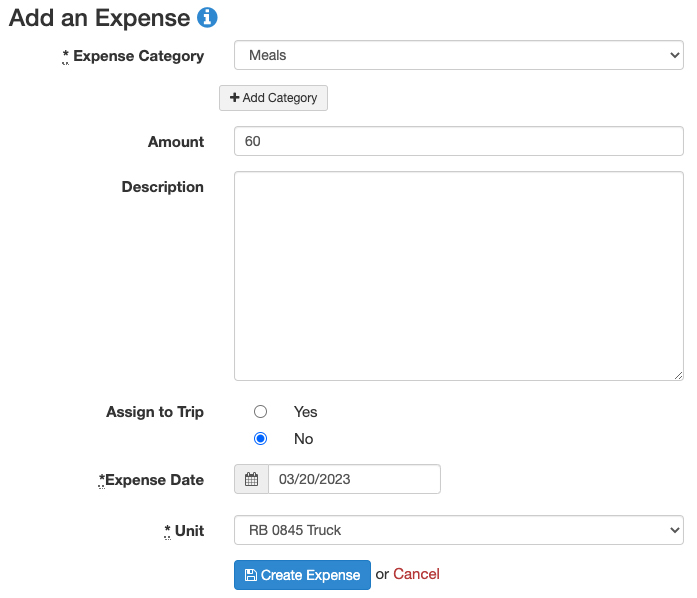 Screen where you can add a new expense in TruckingOffice.