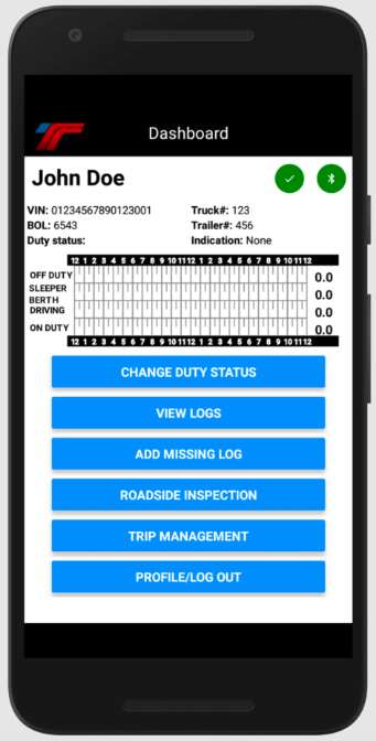 Interface of the mobile electronic logging device application.