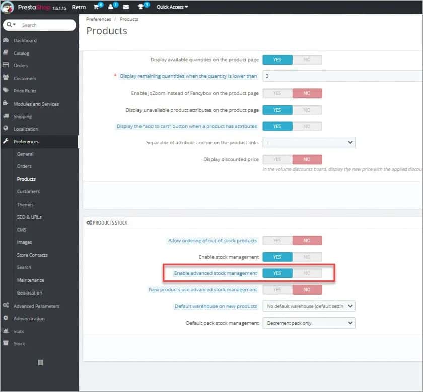 A view on how to enable the Advanced Stock Management Option in PrestaShop
