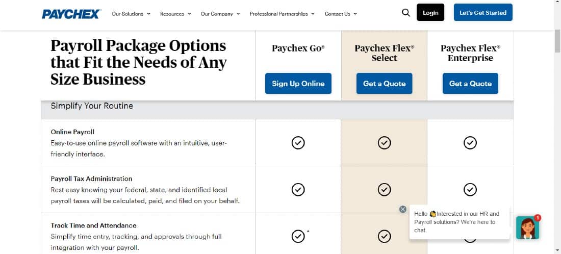 Screenshot of Paychex Get A Quote