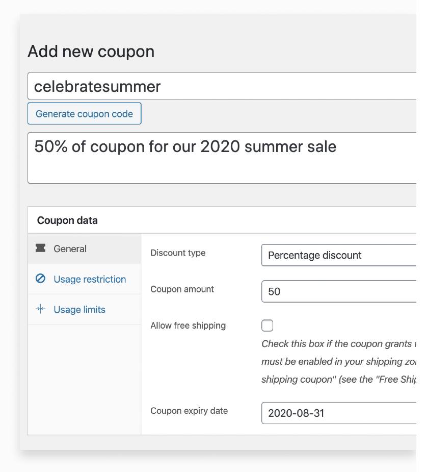 Setting up coupons in a WooCommerce store.
