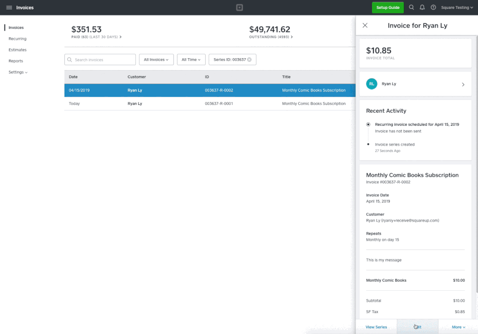 Editing invoice on Square.