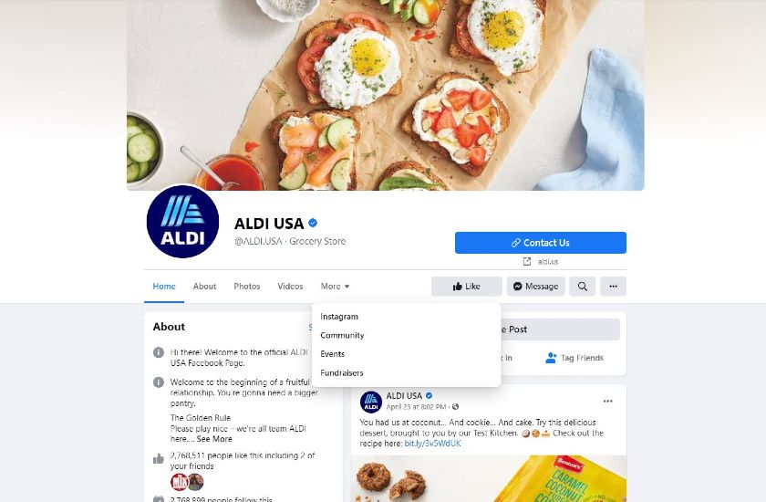 Showing ALDI USA Facebook page.